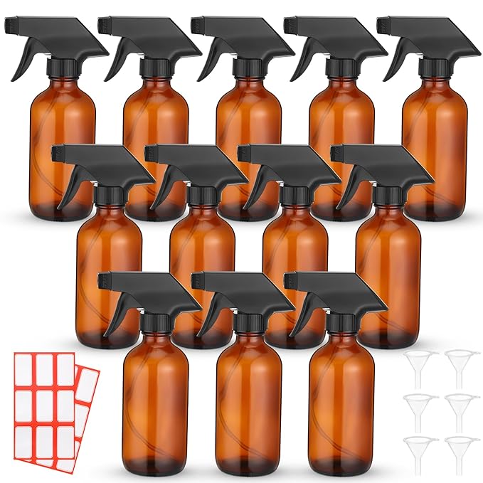 Norme 12 Pcs 8 oz Glass Spray Bottles with Funnels and Labels Refillable Cosmetic Empty Spray Bottles with Sprayer Containers for Essential Oil Cleaning Solutions(Amber,Classic)