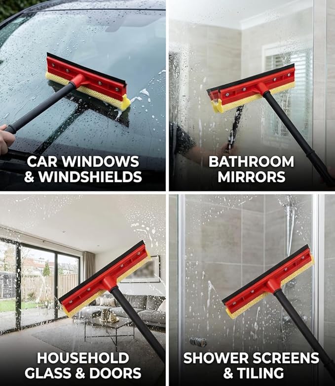 ZOLKER 2Pcs Window Squeegee with Long Handle, 2-in-1 Window Cleaner Tool, Glass Door Cleaner, Multi-Use Car Windshield Cleaning Cleaning for Indoor Outdoor Car Window High Glass Shower Gas Station
