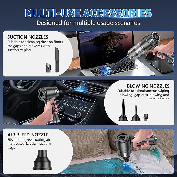 KMM Handheld Car Vacuum Cleaner, 16000PA Vacuum Cleaner & Air Duster, 120W High Power Hand Held Vacuum Cordless, Portable Vacuum Rechargeable with Multi-Nozzles & LED Light for Car, Home, Pet, Office