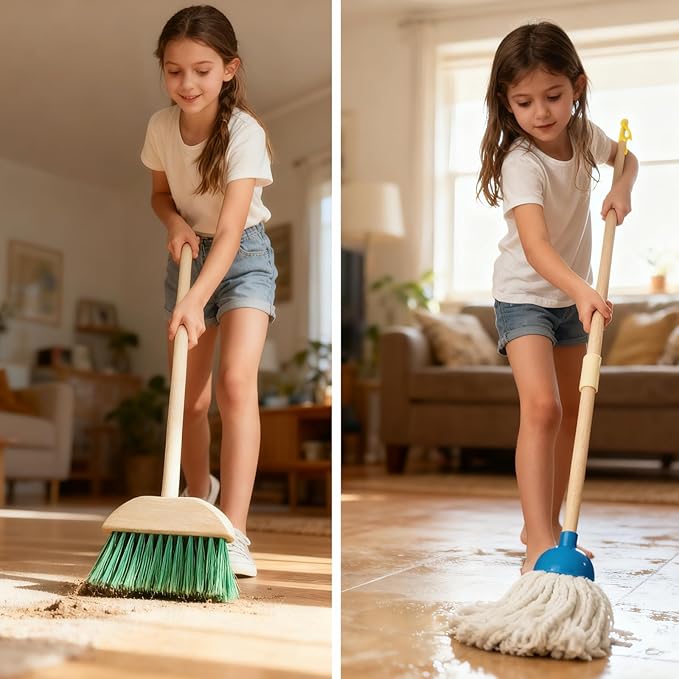 PetGlobal Kids Cleaning Set, 8 Pack Wooden Housework Cleaning Includes Broom Mop Duster Dustpan Brushes Rag and Organizing Stand, Solid Beech Wood , Cleaning Toys Gift for Toddlers Girls Boys Age 3-8