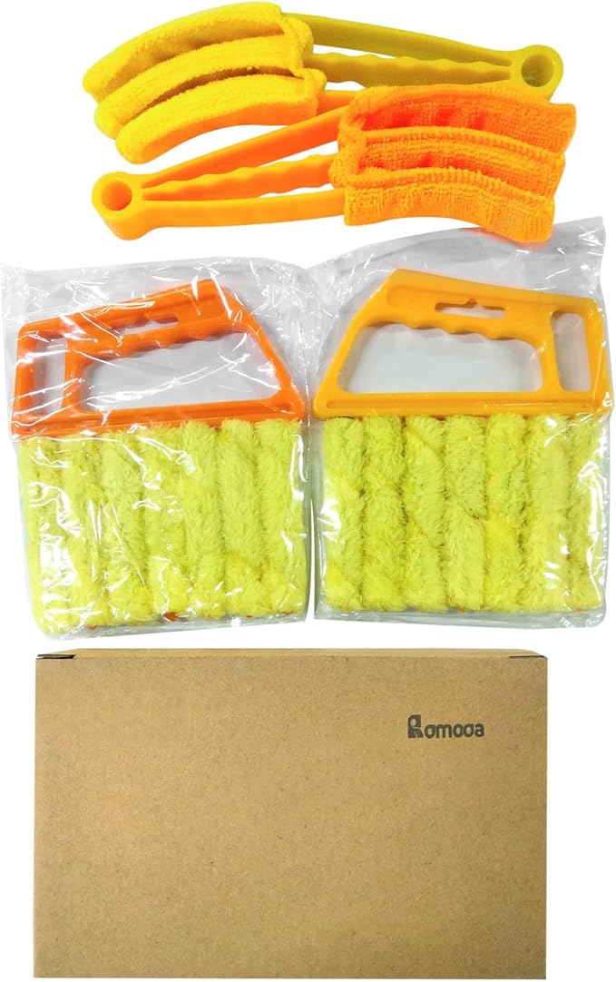 Romooa 4 Pcs Window Venetian Blind Cleaner Duster Tool 7 Finger Blind Rush and Shutter Cleaner Brush Hand-held Window Shutter Air Conditioner Duster for Dirt(Yellow, Orange)
