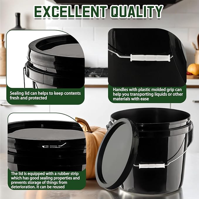 6 Pcs 2 Gallon Black Bucket with Lid and Handle, Large Plastic Storage Paint Pail Brine, Fermenting for Beer, Wine or Any Other Fermented Beverage