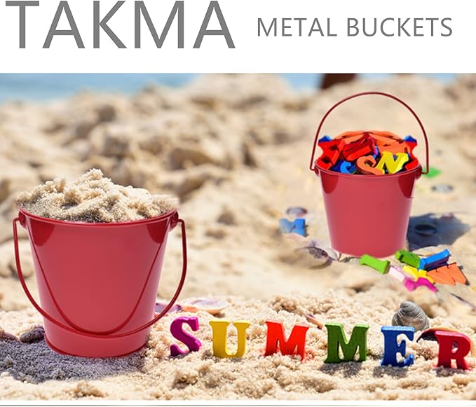 Small Metal Buckets with Handle, 6 Pack 4.3 Inch Colored Galvanized Bucket for Kids,Classroom,Crafts,and Party Favors (Red, 4.3" Top)
