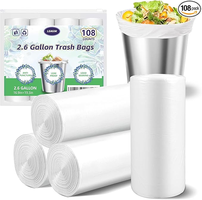 Small Trash Bags 2.6 Gallon-108 Count Leakage-Proof Strong, Small Mini Garbage Bags for Bathroom, Bedroom, Office, White Small Trash Can Liners