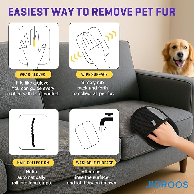 Jioroos Pet Hair Removal Glove for Cats & Dogs, Upgraded Electrostatic Reusable Pet Hair Remover Tool, Magic Fur Removal Mitt for Laundry, Couch, Carpet, Car Seat, Pet Grooming Gloves (2)