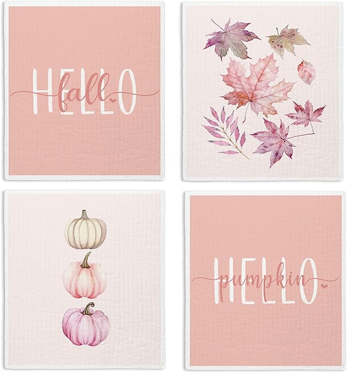 Pink Fall Pumpkin Swedish Dishcloths for Kitchen Cloths Towels, Pumpkin Maple Leaves Farm House Gifts 4 Pack Dish Cloths for Kitchen, Papaya Reusable Cleaning Paper Towels Washable