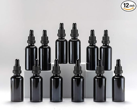 YIZHAO Black Glass Dropper Bottle 2oz, Tincture Bottles with Glass Dropper, for Essential Oils, Aromatherapy, Cosmetic, Laboratory, Pharmacy, Liquids, Travel –12 Pcs