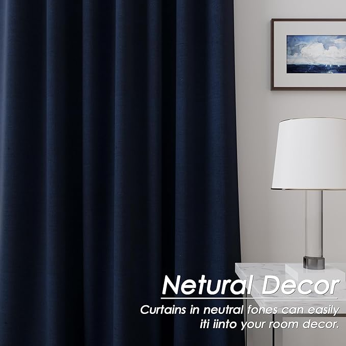 100% Blackout Linen Curtains 102 Inches Long 2 Panels for Bedroom Back Tab Pinch Pleated Black Out Curtain Modern Urban Noise Cancelling Total Light Blocking Window Curtains 102” Length,Navy Blue