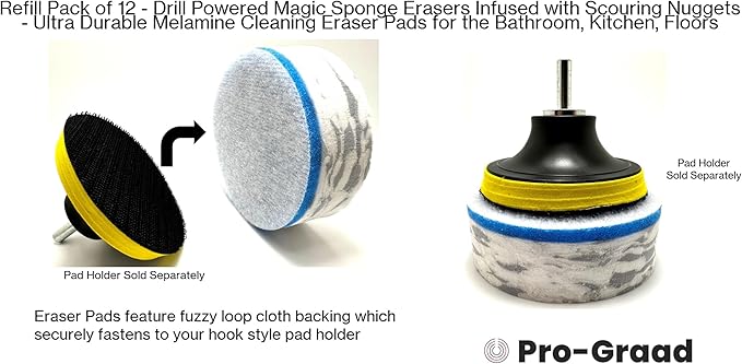 Refill Pack of 12 Drill Powered 3.5” Magic Sponge Erasers Infused with Scouring Nuggets, 10x Durability vs Traditional Erasers, Advanced Cleaning for Bathroom Kitchen Floors, Round 3.5"x1.25" Thick