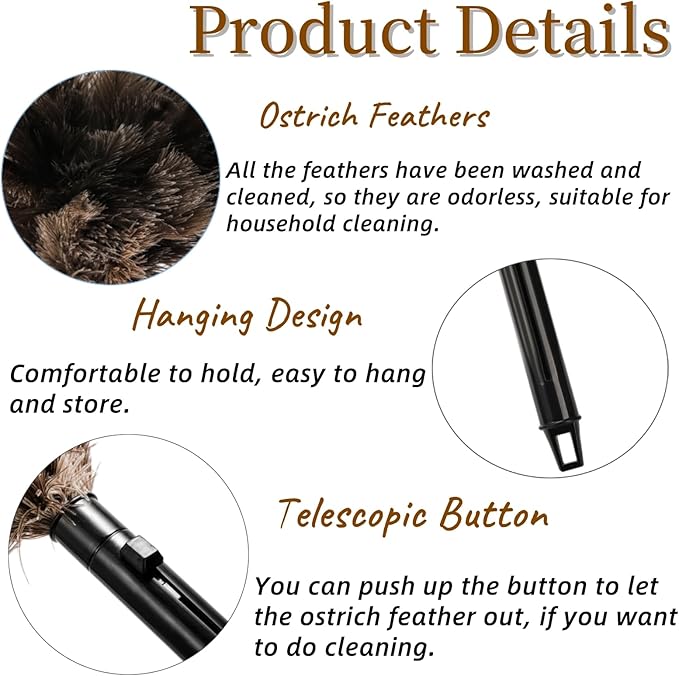 Goaste 2 Pack Ostrich Feather Duster, 10 Inch Fluffy Natural Feather Duster, Soft-Feather Mopping with Plastic Handle, Extensible Ostrich Feather Cleaning Supplies for Keyboard, Home, Car, Office