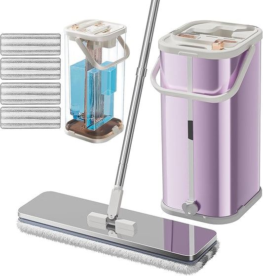 SWIFTIRON Separates Dirty Water Mop, Flat Mop and Bucket for Home with 4 Extra Refills, Stainless Steel Mop and Bucket with Wringer (Pink)