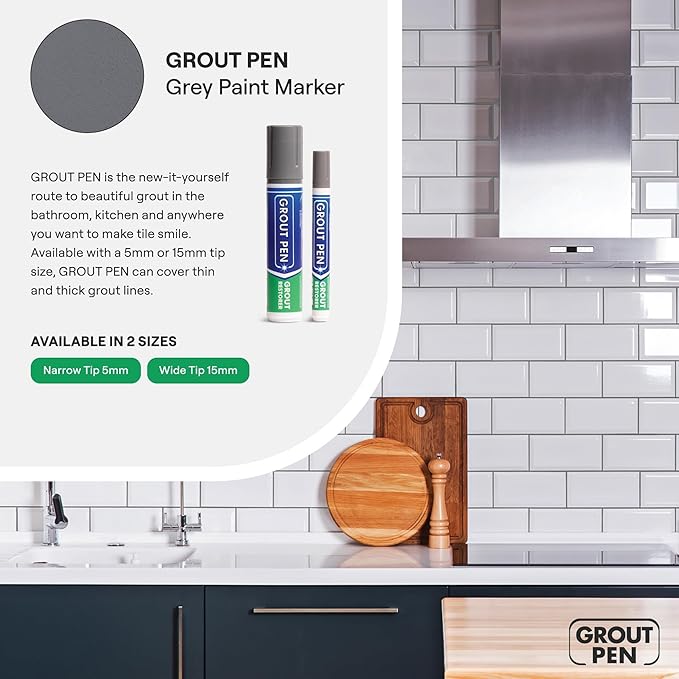 Grout Pen Grey Tile Paint Marker: Waterproof Grout Paint, Tile Grout Colorant and Sealer Pen - Grey, Wide 15mm Tip (20mL)