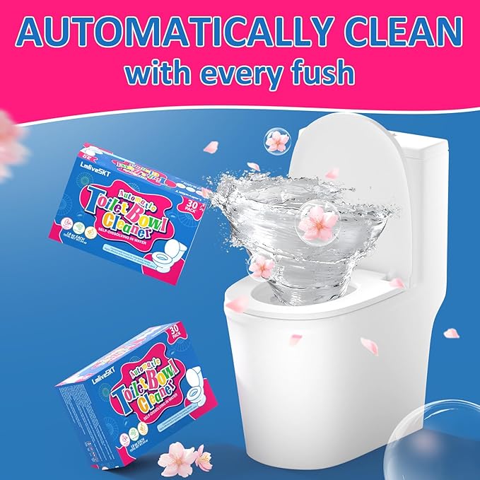 Automatic Toilet Bowl Cleaner Tablets, 30-Pack Long-Lasting Toilet Tank Cleaner for Bathroom, Blue Water Freshener, Prevents Stains & Odor, Safe for All Toilets (30, Blue and Pink)