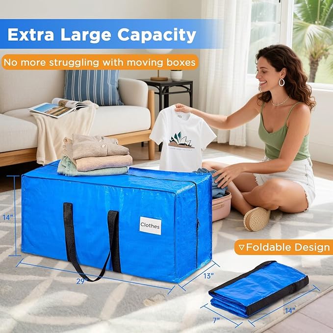 BETU Extra Large Moving Bags Heavy Duty Storage Bags with Zipper Handles, 4 Pack Clothes Storage Totes Bins Packing Moving Boxes, Moving Supplies for College Dorm Essentials, Space Saving, Blue