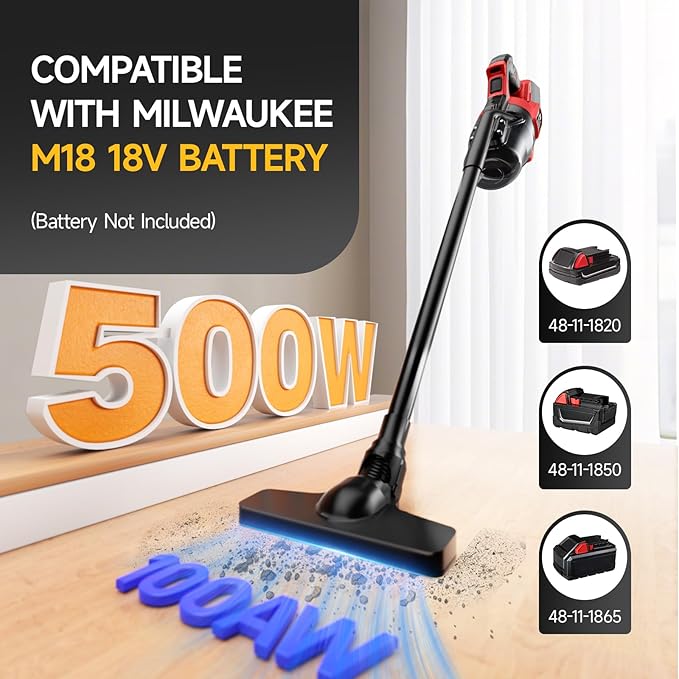Gruecoinno Cordless Vacuum Cleaner for Milwaukee M18 18V Battery, 500W Handheld Vacuum Cleaner with Washable Filter, Portable Stick Vacuum for Floor Carpet Car Hardwood Pet Hair(Battery Not Included)