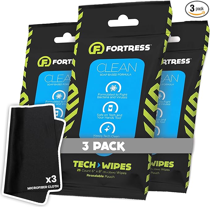 Fortress Electronic Wipes With Microfiber Cloth (25 ct, Pack of 3) To-Go Tech Wipes for Screens, Phones, Keyboards, TV Monitors, Computer Screens, and More [Travel Size] Skin-Safe