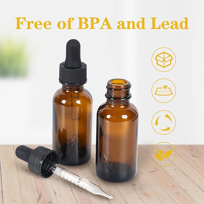2 oz Dropper Bottle 24 Pack Amber Glass Boston Bottles 60ml with Eye Droppers Black Caps for Essential Oils, Perfume, Leak Proof Travel Bottles for Liquids