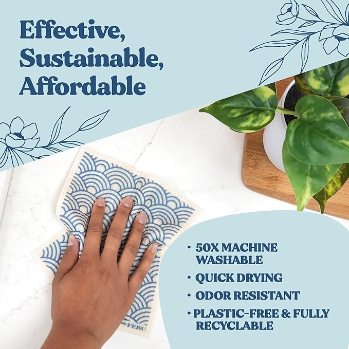FEBU Swedish Dishcloths for Kitchen | 5 Pack Sunset Reusable Paper Towels Washable | Swedish Dish Towels | Non-Scratch Cellulose Sponge Cloths | No Odor, Biodegradable Cleaning Cloths