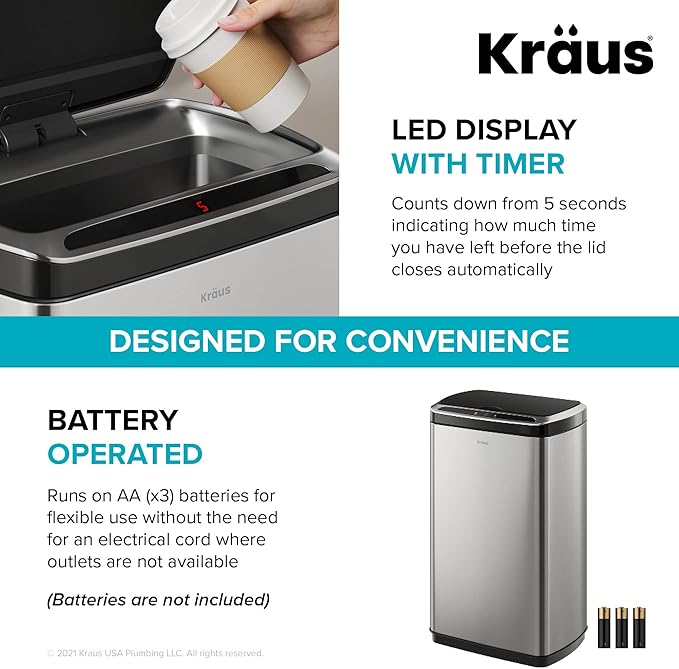 Kraus GarbagePro Rectangular 13 Gallon Hands-Free Motion Sensor Trash Can Battery Operated in Fingerprint Resistant Stainless Steel Finish with SoftShut Touchless Lid, KTCS-10SS