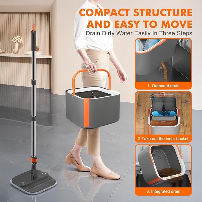 Upgraded Spin Mop and Bucket System Set, Self Separate Clean and Dirty Water, Foldable Square Standing Mop Head with Microfiber Mop Pads, Detachable Bucket (Grey+Orange, Mop Set with 6PC Pads)