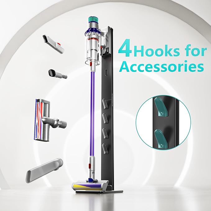 PEGZONE Vacuum Cleaner Stand, Compatible with Cordless Vacuums Dyson Gen5 V15 V12 V11 V10 V9 V8 V7 V6, Floor Vacuum Accessory Holder with 4 Hooks, Metal Storage Bracket Organizer, Black