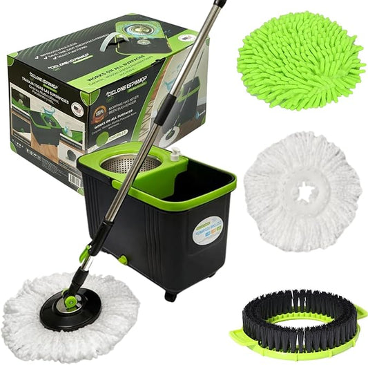 CICLONE ISPINMOP Spin Mop and Bucket P SS 003 with 1 Floor Brush and 1 Chenille Car Wash Mop for Home & Office Cleaning -360 Rotating Mop Spinner and Bucket with 61'' Stainless Steel Mop Handle