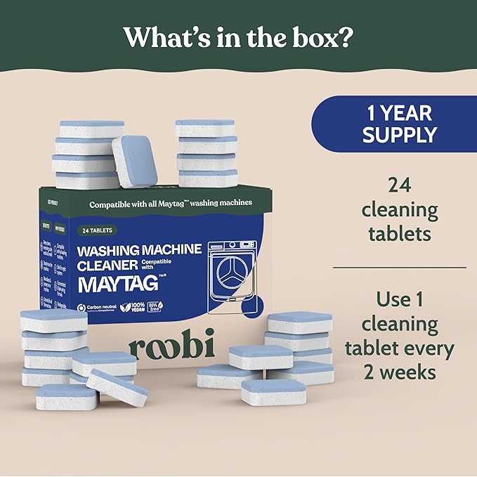 Roobi Washing Machine Cleaner Tablets compatible with Maytag. Deep Clean Formula Eliminates Odor, Residue & Build-Up. Carbon-Neutral & Septic-Safe 24-Pack Cleaning Tablets.