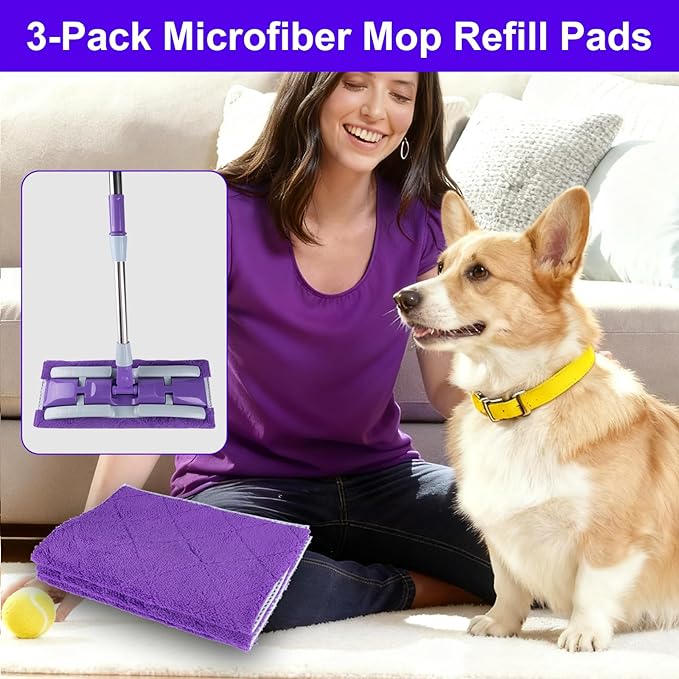 ITTAHO 3-Pack Microfiber Mops Refill Pads for 14 Inch Mop, Hardwood & Hard Floors Microfiber Cleaning Mop Pads, Machine Washes, Size:14.8in X 9in (Purple- Mop Pad Refills)