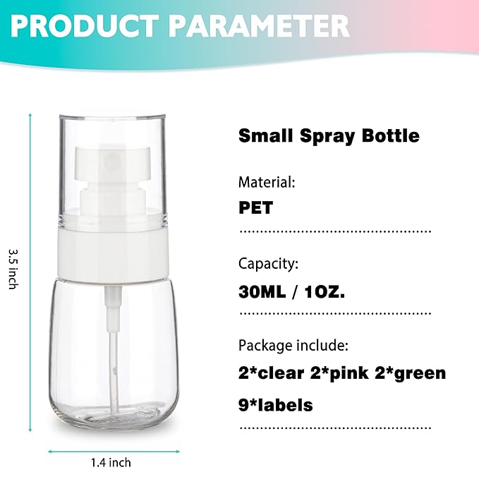 6 Pack 1oz/30ml Small Spray Bottle, Plastic Mini Spray Bottles, Travel Spray Bottle with Fine Mist,Tiny Spray Bottles with 9pcs Labels