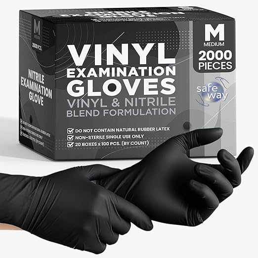 Nitrile-Vinyl Blended Disposable Gloves, Powder-Free & Non-Latex Gloves, 2000, Protective Gloves for Medical Exams, Cooking & Household Cleaning, 4 Mil Thick Non-Sterile Secure Grip Black, Medium