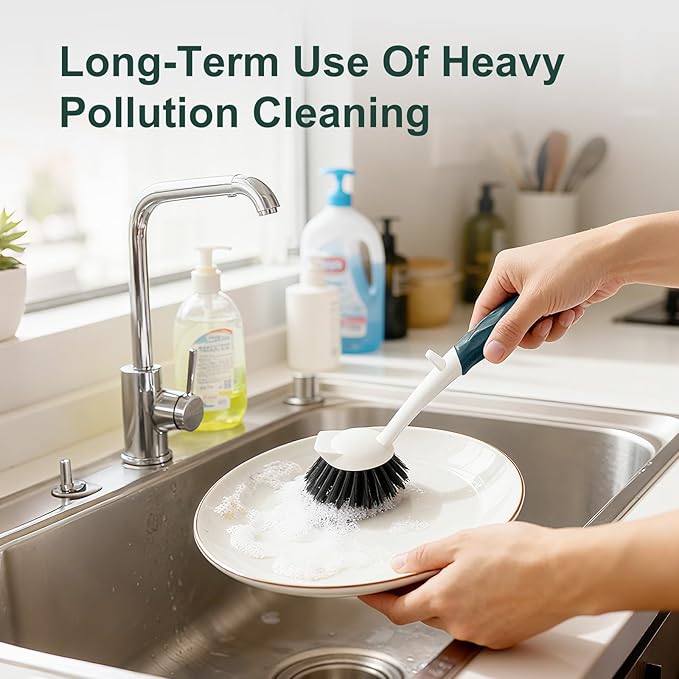 DMBMHMBDF Dish Brush, 2 Pack with Comfortable Handle, with Built-in Scraper, Scrub Brush with Stiff Bristles for Cleaning Dishes, Sink, Pots(Green)