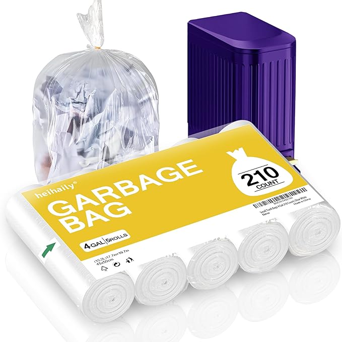 Small Trash Bags 4 Gallon Garbage Bags Bathroom Kitchen Office Waste Basket Liners, 10L, 210 Count, Clear White