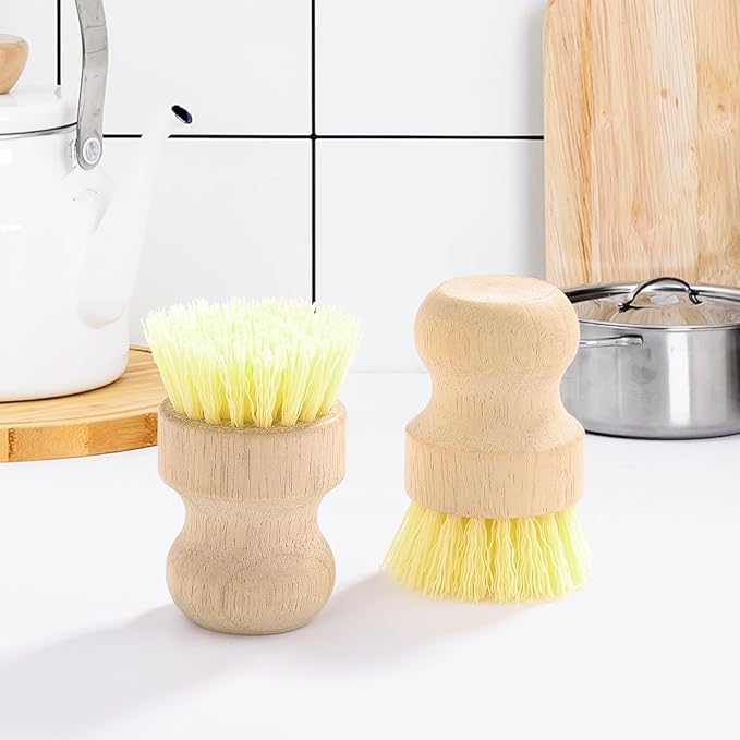 4-Pack Bamboo Dish Brush, Palm Brush Dish Scrubber with Nylon Bristles for Cleaning Pot, Pan, Kitchen Sink, Cookware & Vegetables