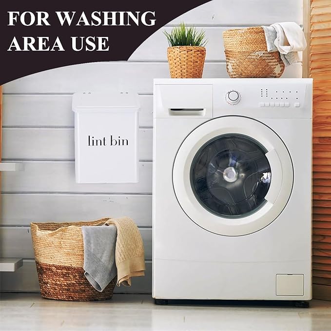 Magnetic Lint Bin with Lint Brush, Two White Hooks, one Black Back Side Hook & All Accessories for Laundry Room Decor, Wall-Mounted Lint Bin with Lid, White Powder Coated, Space-Saving Trash Can