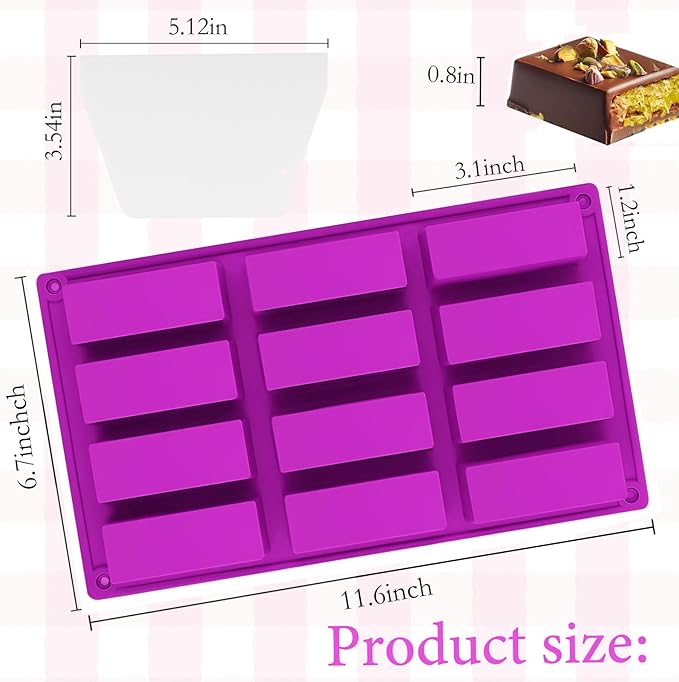 3 Pack 12-Cavity Silicone Granola Bar Molds, Rectangle Protein Bar Mold Silicone Baking Molds for Baking Chocolate Bar, Cereal Bar, Cheesecake, Brownies, Energy Bars, Candy Bar
