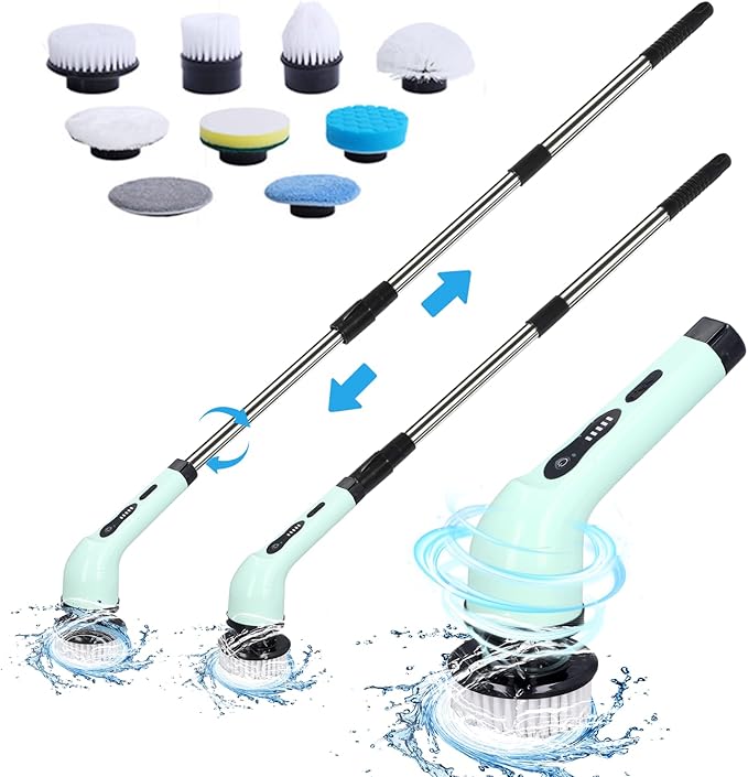 Electric Spin Scrubber, Cordless Cleaning Brush with 9 Replaceable Brush Heads, Power Scrubber Dual Speed with Adjustable and Detachable Handle for Bathroom Kitchen Cleaning
