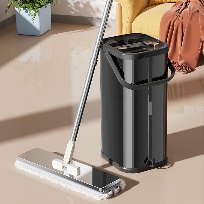 SWIFTIRON Separates Dirty Water Mop, Flat Mop and Bucket for Home with 4 Extra Refills, Stainless Steel Mop and Bucket with Wringer (Black)