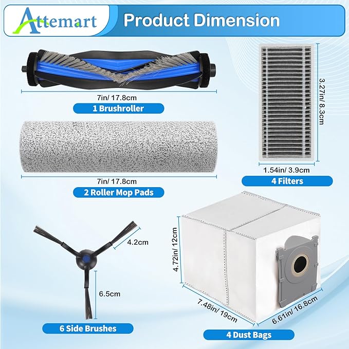 Attemart Replacement Parts for Ecovacs Deebot X8 Pro Omni, X8 Omni Robot Accessories for Yeedi S14 Plus Vacuum Kit, 1 Main Brush, 2 Roller Mop Pad, 4 Filters, 4 Dust Bags, 6 Side Brushes, 19 Pack