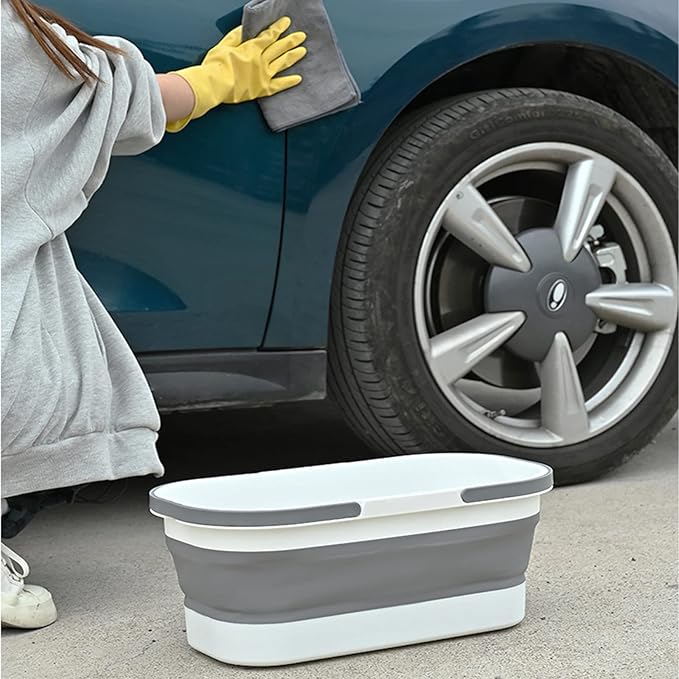 Collapsible Bucket with Wheels 14L (3.7 Gallon) - Versatile and Durable for House Cleaning, Camping, and RV - Convenient Rectangular Mop Cleaning Basket - Lightweight & Compact (14L-Grey)