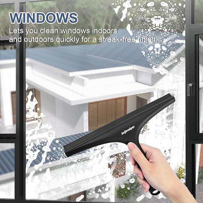 Anjinwiper All-Purpose Shower Squeegee for Glass Doors with Hook, Silicone Squeegee for Shower Glass, Shower Doors, Windows, Bathroom, Mirrors and Tiles（10 inch, Black）