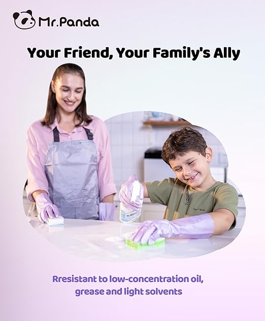 Mr.Panda 2 Pairs Skin-Friendly Flocked Cotton Liner Cleaning Gloves Medium, Reusable Dishwashing Gloves for Washing Dishes, Kitchen, Shimmering Pink
