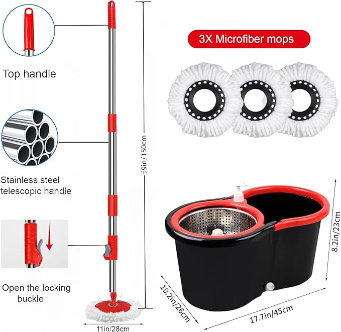 Spin Mop and Bucket with Wringer Set, 360° Spinning Mop Bucket System with 3 Microfiber Mop Replacement Heads Refills,56" Stainless Steel Extended Handle for Floor Cleaning Home(20QT) (Green) (Black)