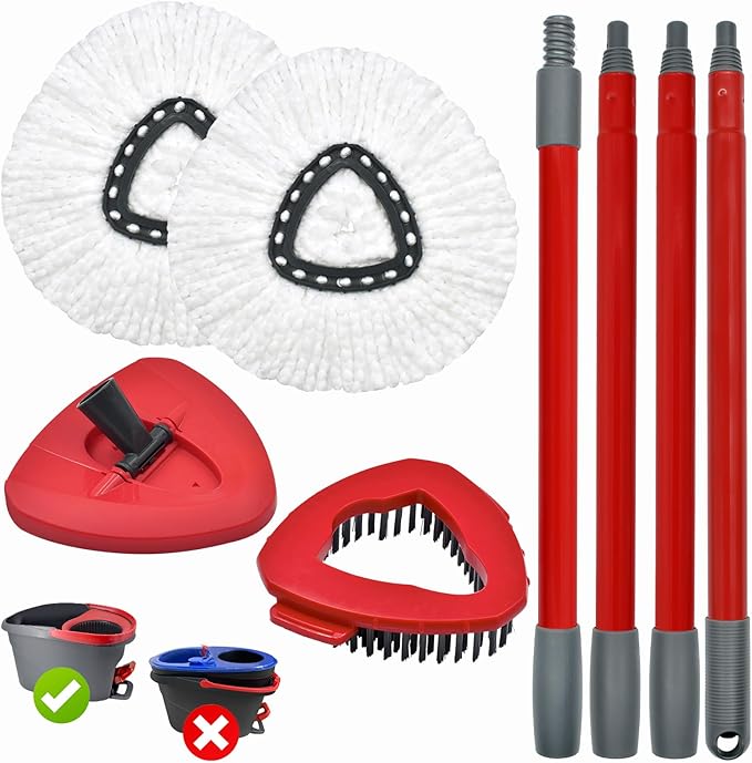 Mop Handle Mop Replace Heads and Mop Base Brush Replacement for O Cedar EasyWring 1-Tank Spin Mop System Include 2 Mop Head, 4-Section Mop Handle, 1 Base and 1 Scrub Brush Combo Set for Floor Cleaning