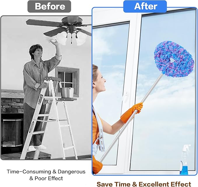 Heonay Ceiling Fan Cleaner Duster Reusable Microfiber Ceiling Fan Blade Cleaner Removable Duster with Extension Pole Adjusts 13 to 49.7 Inch for Cleaning Walls Furniture Door Window Top (Blue Pink)