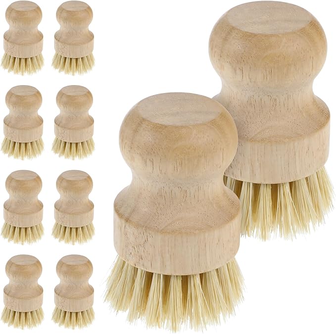 COMNICO 10 Pcs Bamboo Dish Scrub Brush Set, Mini Natural Wooden Scrubbers Set Round Dish Brush Vegetable Durable Scrubber Cleaning Kit for Cleaning Pot Pan Sink