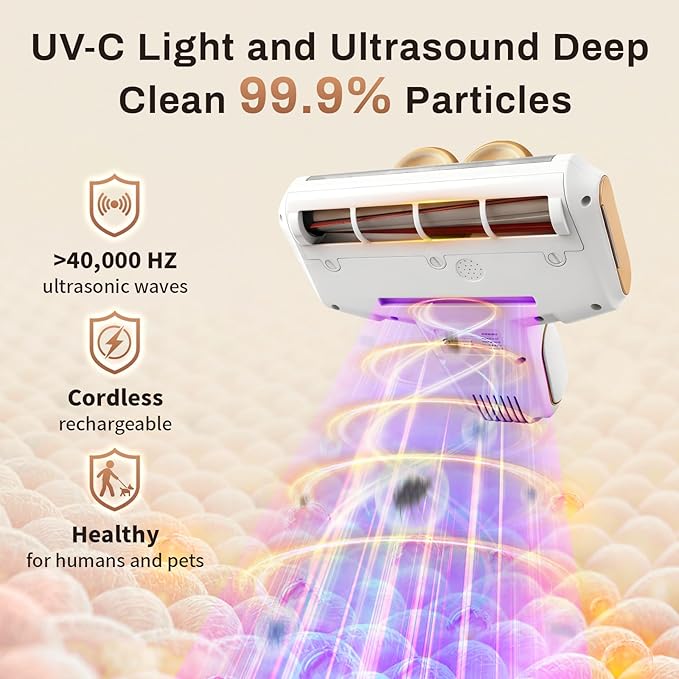 SRGARH Cordless Mattress Vacuum Cleaner, 16kpa Bed Vacuum Cleaner with 253.7nm Uv-C Light & Ultrasonic Tech Dual Bins for Dust & Widen Suction Port 120w for Bed Sofa & Pet Hair