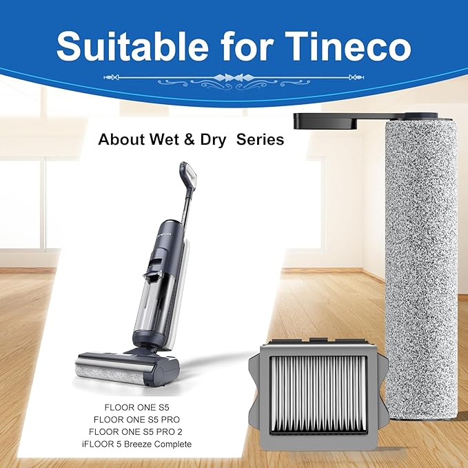Vacuum Mop Replacement Parts Compatible with Tineco Roller Brush Replacement, Suitable with FLOOR ONE S5, FLOOR ONE S5 Pro Cordless Vacuum Cleaner, Set Includes 2 Roller Brushes and 5 Vacuum Filters
