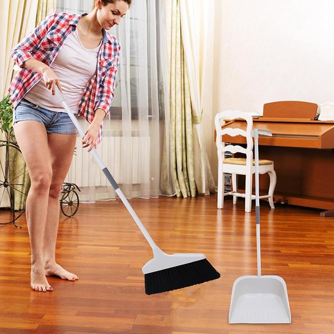 ULTECHNOVO Broom and Dustpan Set for Home - 35" Long Handle Broom with Upright Standing Dust Pan Combo - Angled Soft Bristle Sweeper for Indoor Kitchen Office Floor Cleaning, Grey