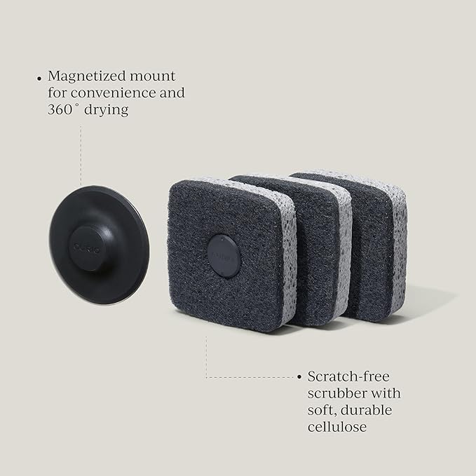Ionic Non-Scratch Kitchen Sponge with Magnetized Holder, Dual Sided Cellulose and Scrub Pad, 3 Pack, Black/Grey