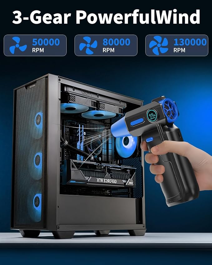 Compressed Air Duster-130000RPM Super Power Cordless Electric Air Duster, Rechargeable Brushless Motor, with LED Light, 3-Gear Adjustable Dust Blower for Computer, Keyboard, Outdoor, House and Car